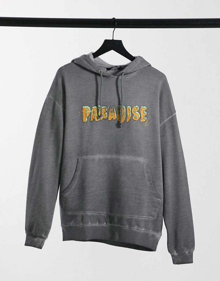 Asos Design Oversized Hoodie In Light Gray Acid Wash With Paradise Chest Print-grey