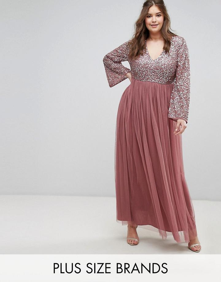 Lovedrobe Luxe Long Sleeve V Neck Maxi Dress With Tonal Delicate Sequins - Purple