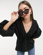 Asos Design V-neck Cotton Top With Tie Waist In Black-no Color