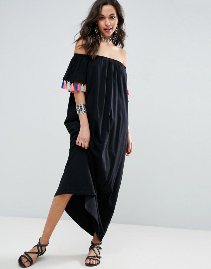 Asos Off Shoulder Maxi Sundress With Tassel Detail - Black