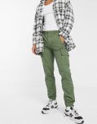 Asos Design Slim Cargo Pants With Toggle Hem In Khaki Ripstop-green