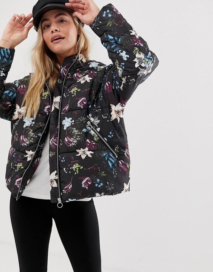 Only Aya Floral Padded Jacket With Hood - Black
