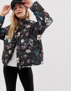 Only Aya Floral Padded Jacket With Hood - Black