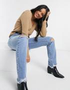 Asos Design Long Sleeve Rib Sweater With Buttons In Camel-neutral