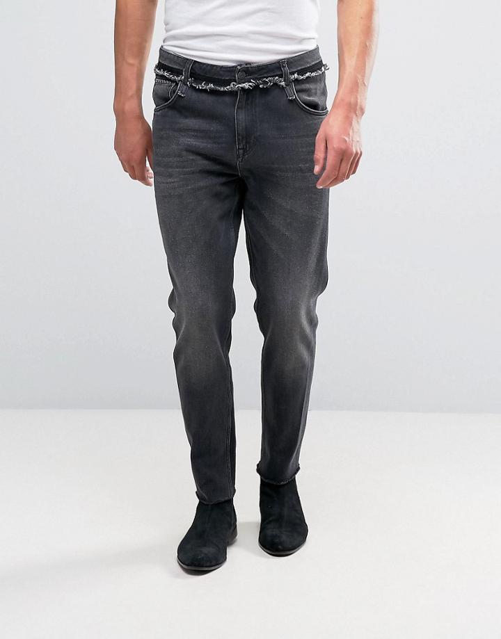Asos Tapered Jeans With Raw Waistband And Hem Washed Black - Black