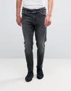Asos Tapered Jeans With Raw Waistband And Hem Washed Black - Black