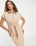 Asos Design Collared Wrap Front Midi Dress With Knot In Stone-neutral