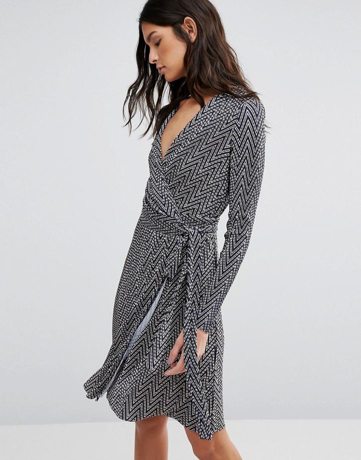 Liquorish Long Sleeve Zig Zag Wrap Pencil Dress - Gray