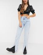 Bershka Split Front Jean In Medium Blue