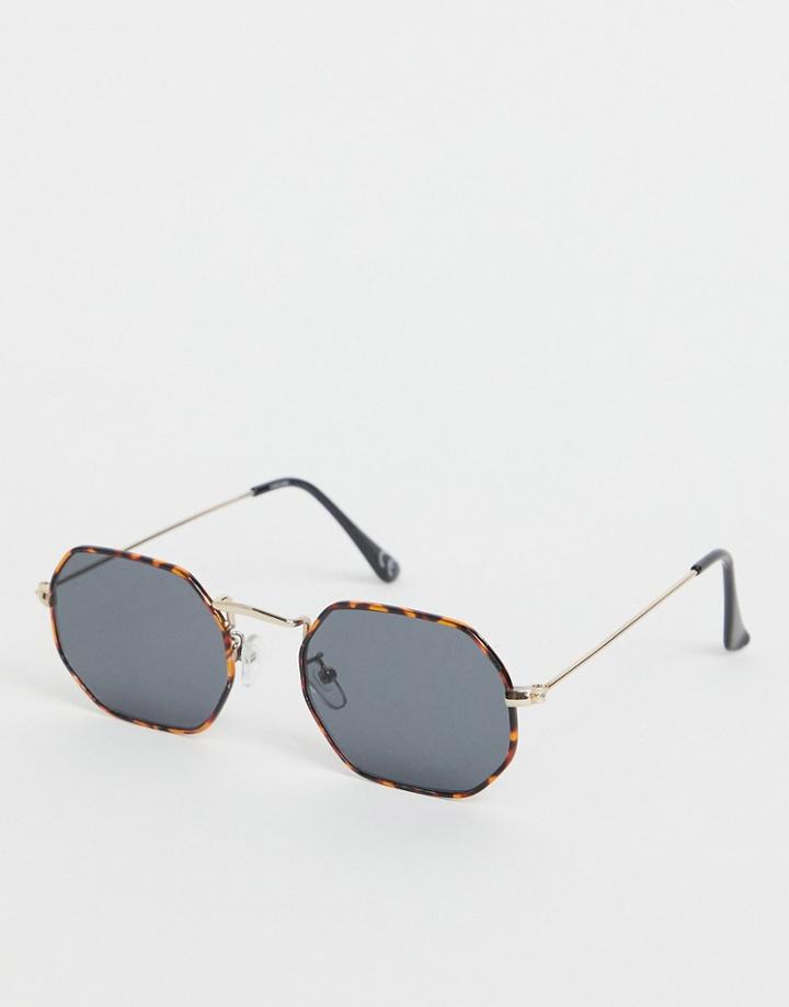 Asos Design Metal Hexagon Sunglasses In Tort Metal Frame-brown