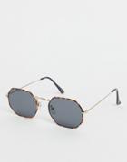 Asos Design Metal Hexagon Sunglasses In Tort Metal Frame-brown