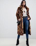 Asos Design Maxi Leopard Print Longline Faux Fur Coat - Multi