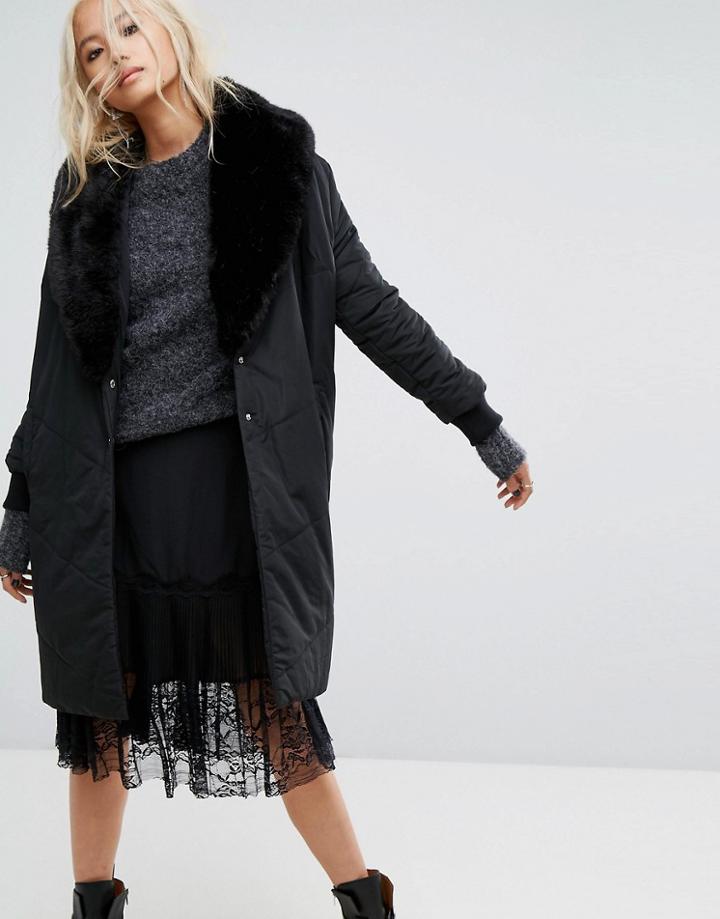 Religion Oversized Padded Coat With Faux Fur Shawl Collar - Black