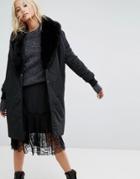 Religion Oversized Padded Coat With Faux Fur Shawl Collar - Black