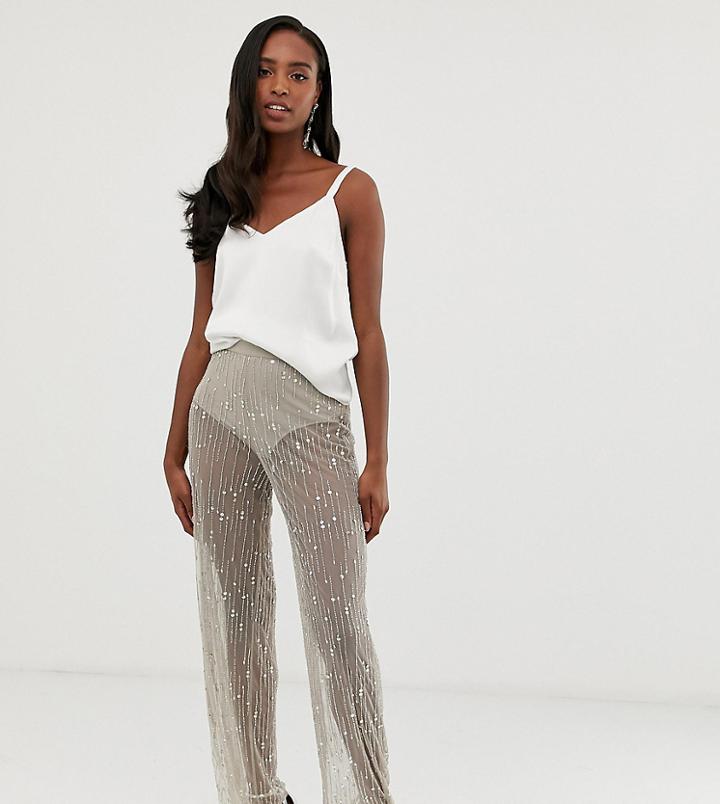 Asos Design Tall Wide Leg Pants In Mesh With Embellishment-gray