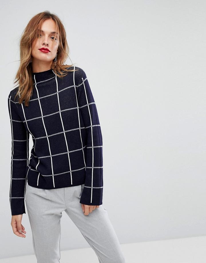 Warehouse Funnel Neck Check Sweater - Navy
