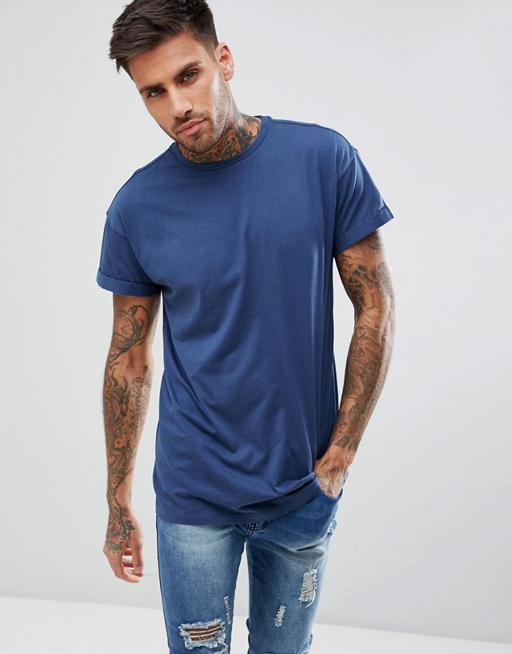 New Look T-shirt With Roll Sleeve In Dark Blue - Blue