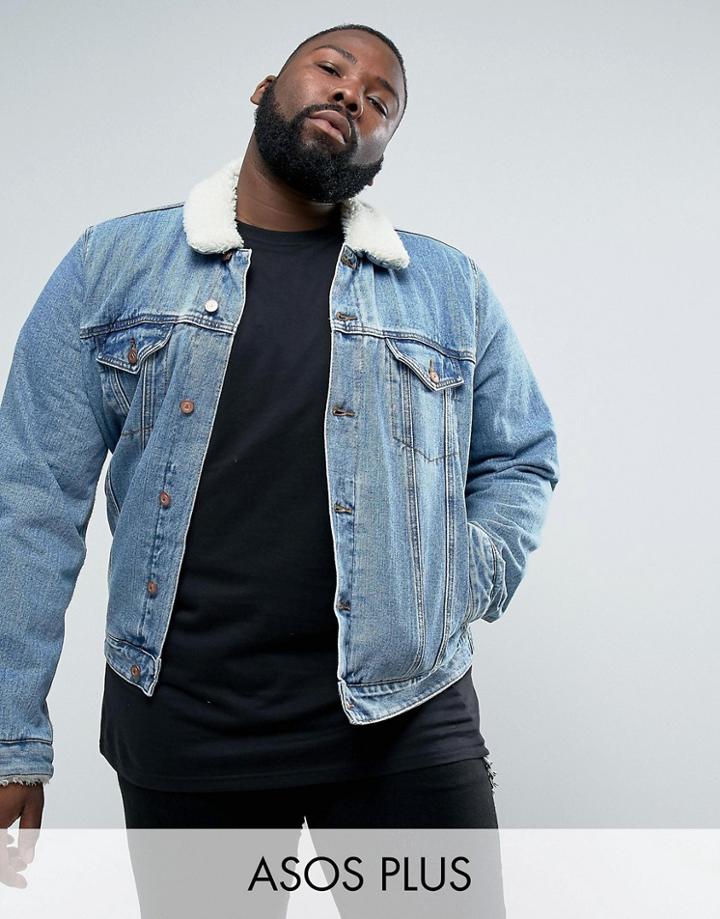 Asos Plus Denim Jacket With Fleece Collar In Blue Wash - Blue