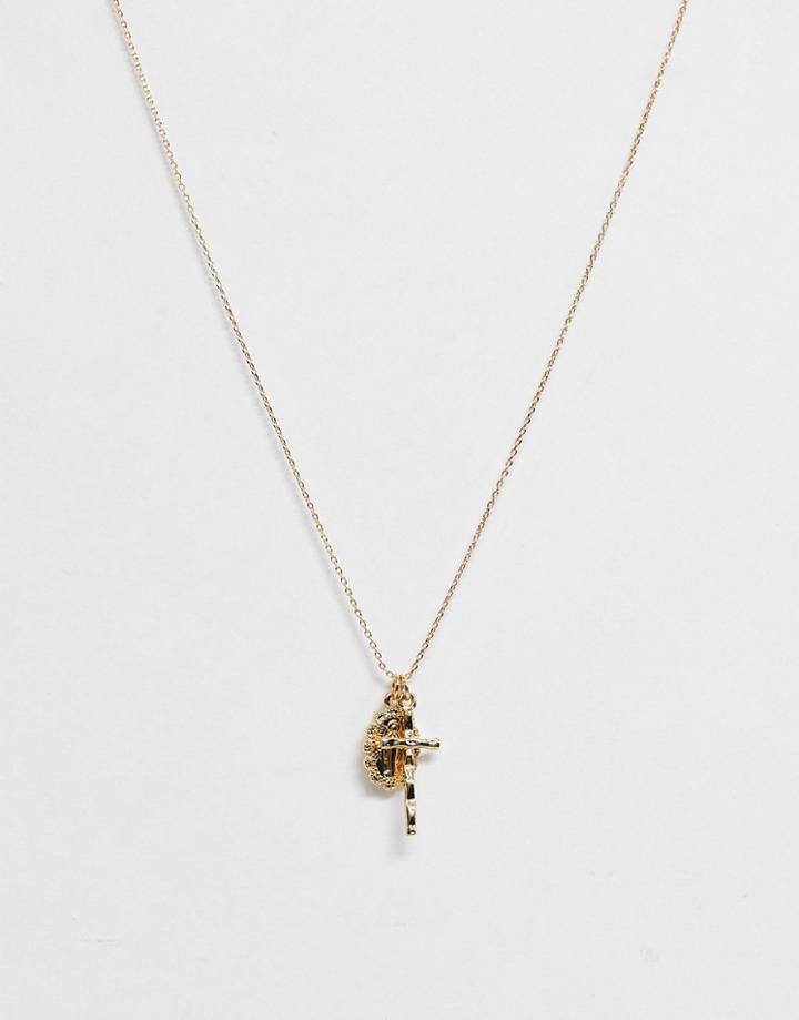Asos Design Necklace With Delicate Coin And Cross Pendants In Gold Tone