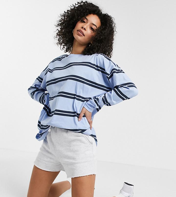Asos Design Tall Long Sleeve T-shirt With Cuff And Double Stripe In Blue-multi