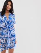 New Look Tie Dye Twist Front Beach Cover Up In Blue - Blue