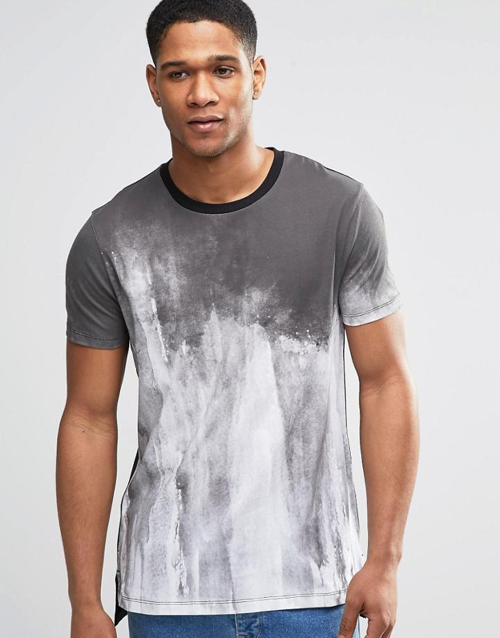 Asos Super Longline T-shirt With Step Hem And Smudge Print - Gray