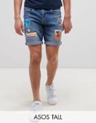Asos Tall Slim Denim Shorts In Mid Wash Blue With Patches - Blue