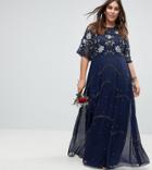 Asos Curve Wedding Embellished Floral Flutter Sleeve Maxi Dress - Blue
