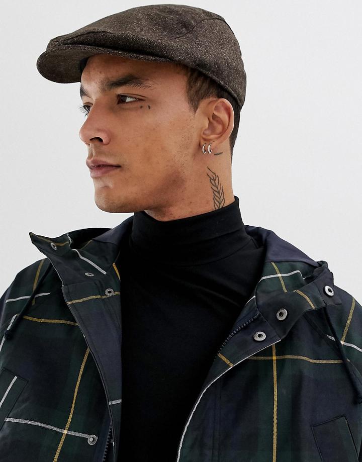 Asos Design Flat Cap In Brown Herringbone Texture - Brown