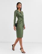 Asos Design Twist Front Plunge Midi Dress-green