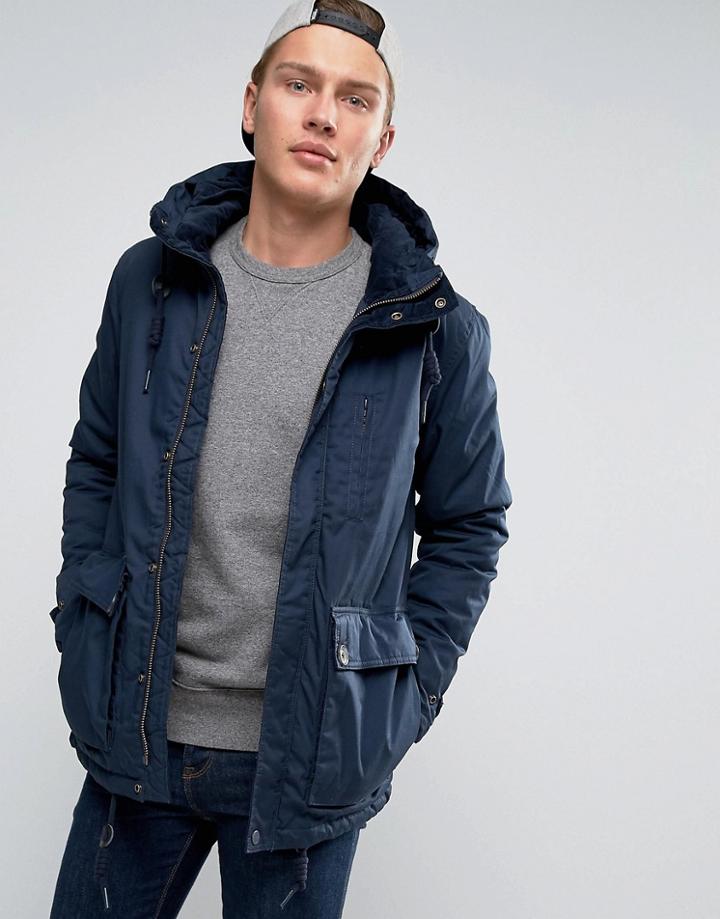 Pull & Bear Navy Parka With Double Pockets In Navy - Navy