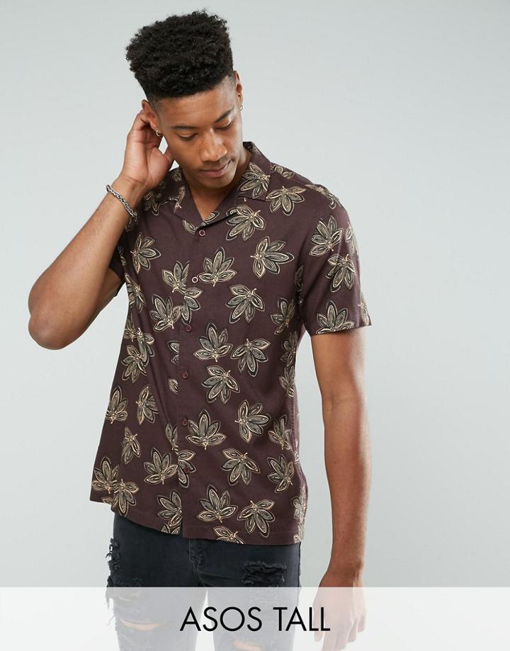 Asos Tall Viscose Shirt With Leaf Print And Revere Collar - Red