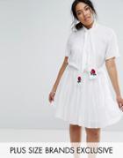 Unique 21 Hero Short Sleeve Skater Dress With Rose Embroidered Scarf Detail - White