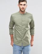Asos Regular Fit Shirt With Grandad Collar And Side Pockets With Long Sleeves In Khaki - Green