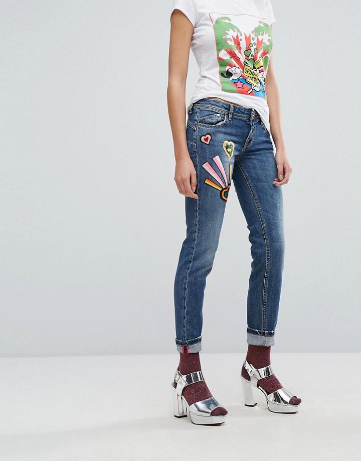 Iceberg Heart Patch Low Rise Slim Leg Jeans - Blue