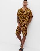 Asos Design Woven Short Pyjama Set In Leopard Print - Brown