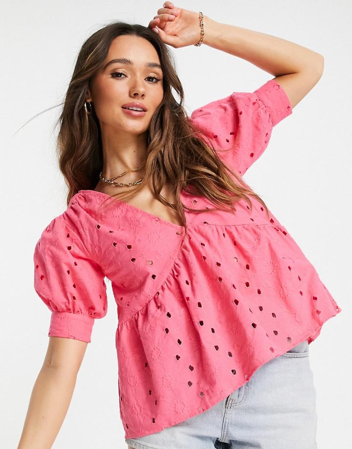 Asos Design Broderie Smock Top With Peplum Hem & Puff Sleeves In Pink
