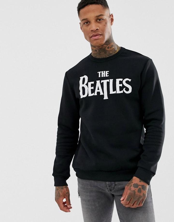 Pull & Bear The Beatles Embroidered Logo Sweatshirt In Black - Black