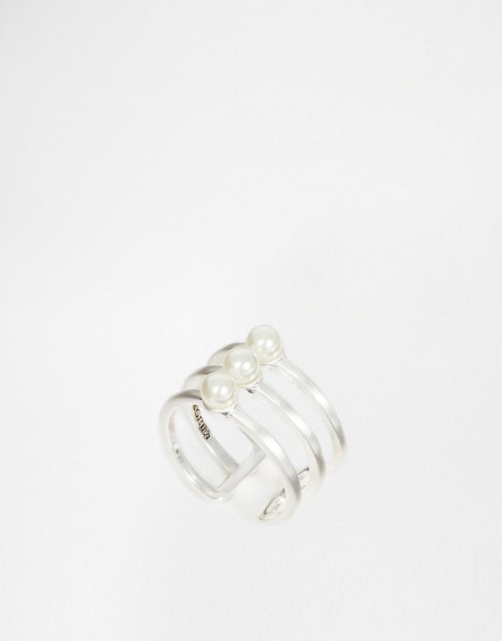 Pilgrim Silver Plated Three Row Ring With Pearl - Silver