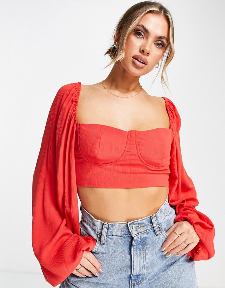 Trendyol Square Neck Crop Top With Balloon Sleeve In Red