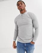 Asos Design Long Sleeve Tipped Pique Polo Shirt In Gray Marl