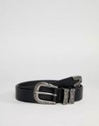 Asos Design Vegan Faux Leather Skinny Western Belt In Black With Metal Double Keepers - Black