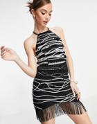 Asos Design Halter Fringe Detail Mini Dress With Rope Detail And Embellishment-multi