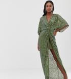 Asos Design Tall Scatter Sequin Knot Front Kimono Maxi Dress-green