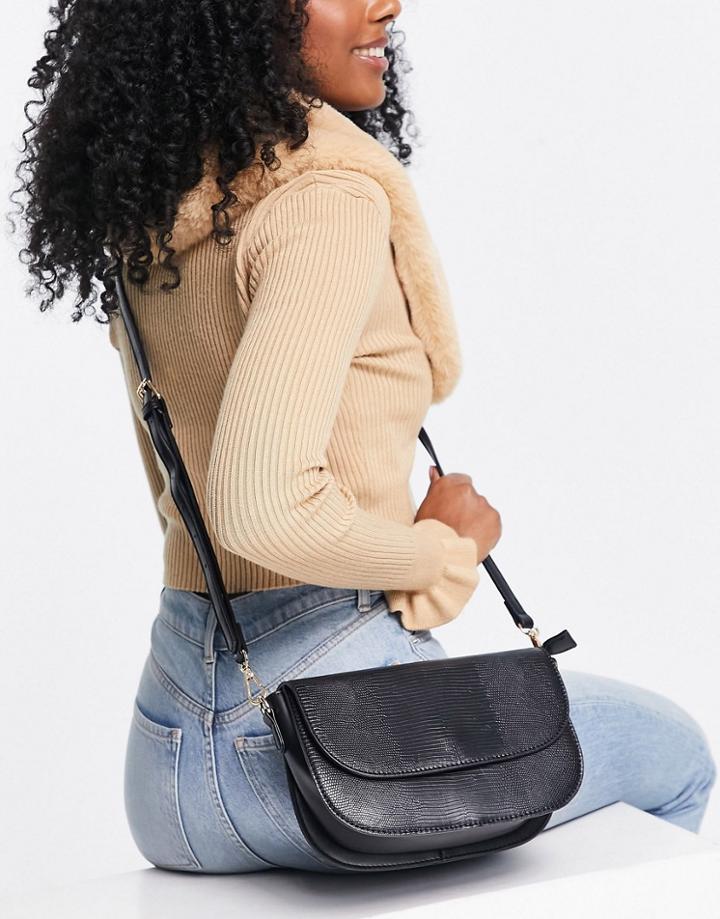 French Connection Lizzard Embossed Shoulder Bag In Black