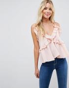 Asos Swing Ruffle Cami With Plunge - Pink
