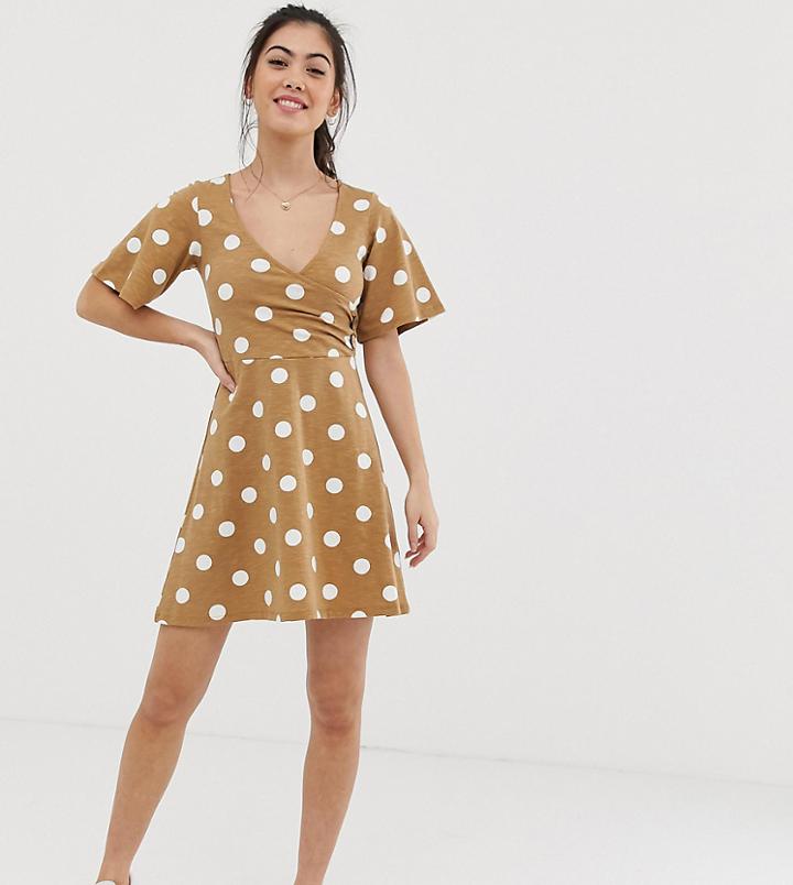 Asos Design Petite Textured Wrap Front Mini Dress In Polka Dot-multi