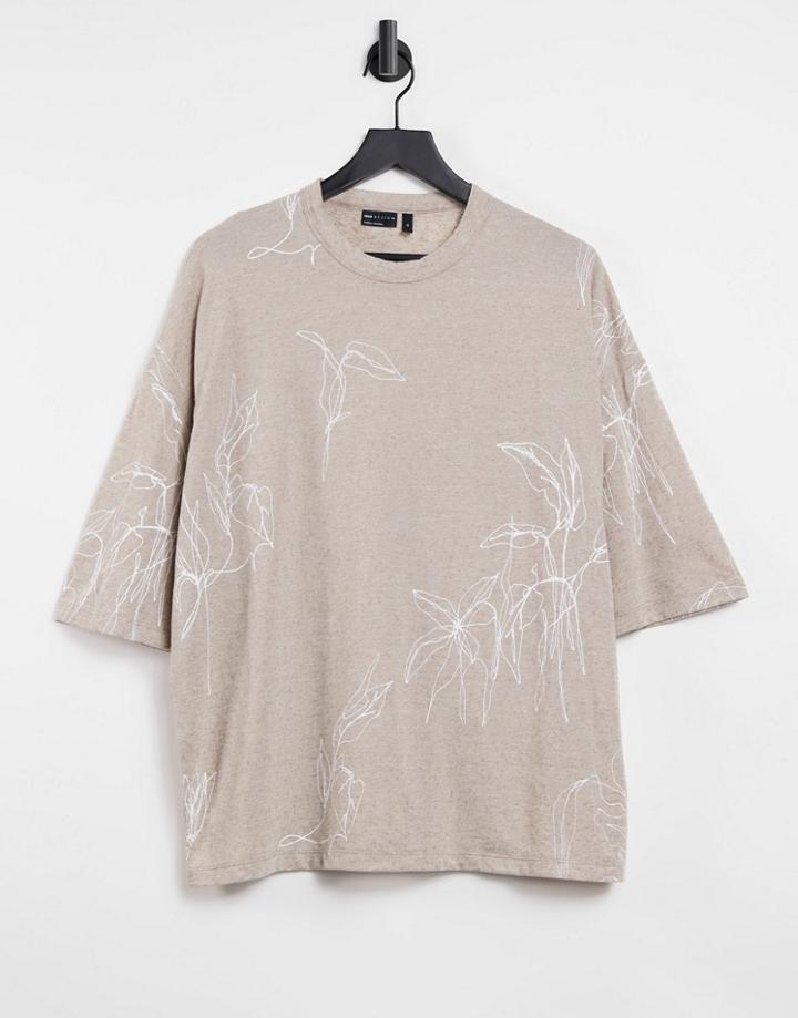Asos Design Oversized T-shirt In Stone With All Over Line Print-neutral