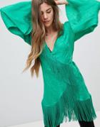 Asos Design Jacquard Wrap Top With Fringe - Green