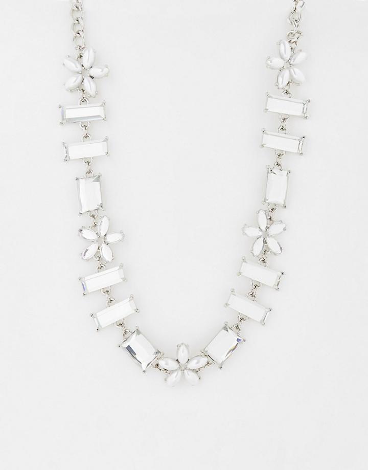 Asos Design Short Necklace In Crystals And Crystal Flowers In Silver Tone